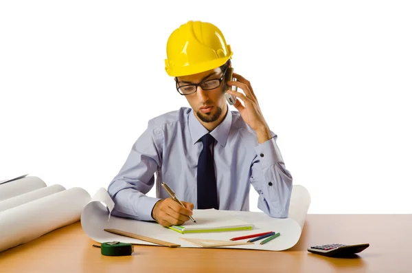 Engineer working with drawings on white — Stock Photo, Image