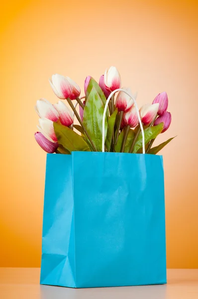 Tulpen in de zak tegen achtergrond met kleurovergang — Stockfoto