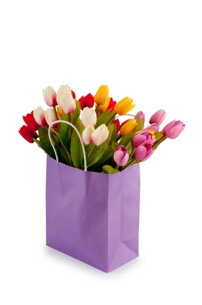 Tulipani nella borsa isolati su bianco — Foto Stock