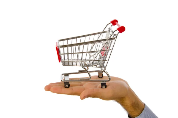 Hand holding shopping cart on white — Stockfoto