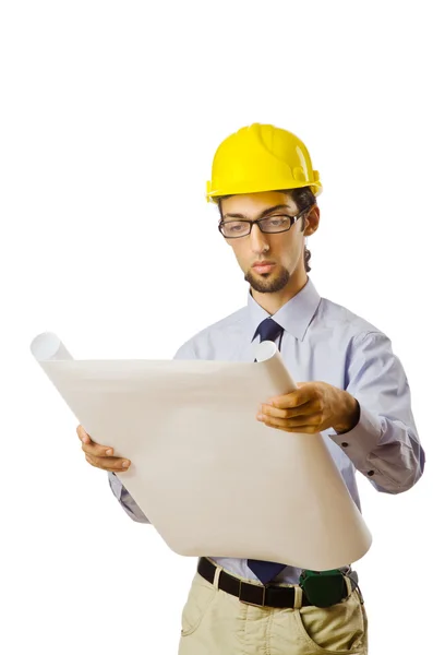 Engineer working with drawings on white — Stock Photo, Image