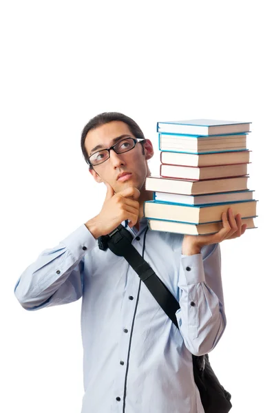 Student with stack of books on white — Stock Photo, Image