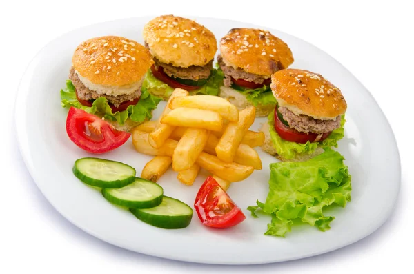 Plate with burgers and french fries — Stock Photo, Image