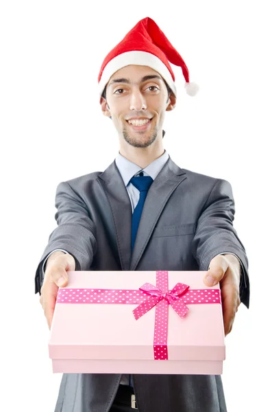 Office worker offering giftbox on white — Stock Photo, Image