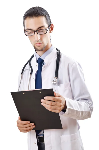 Doktor s prázdným pojivem na bílém — Stock fotografie