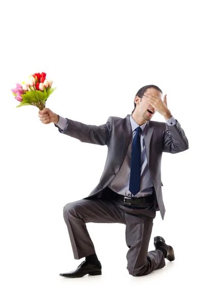 Biznesmen, oferując kwiatów tulipanów — Zdjęcie stockowe