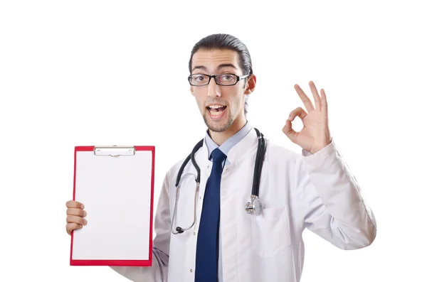 Doktor s prázdným pojivem na bílém — Stock fotografie