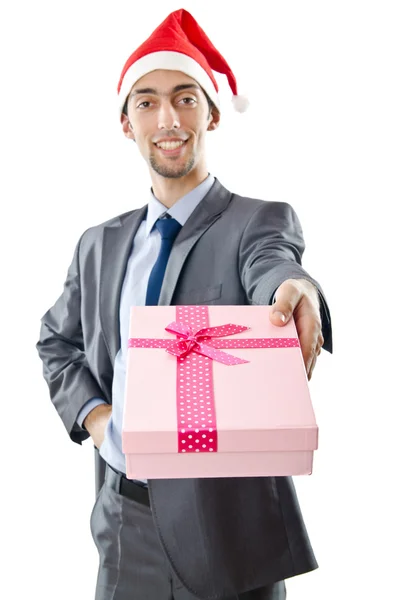 Ufficio lavoratore che offre giftbox su bianco — Foto Stock