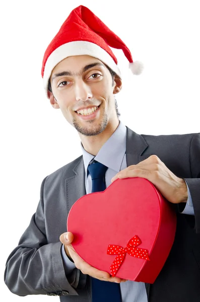 Büroangestellte bietet Geschenkbox auf Weiß an — Stockfoto