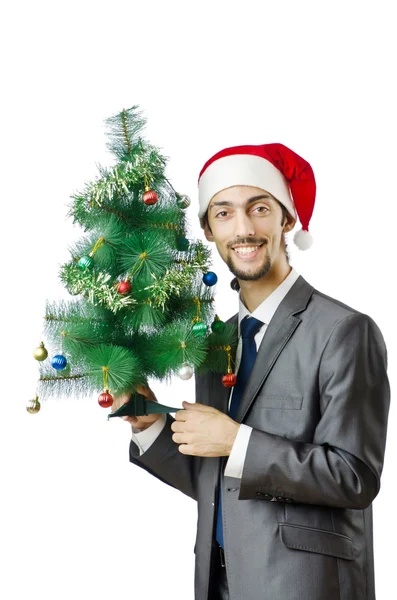 Empresário com árvore de Natal em branco — Fotografia de Stock