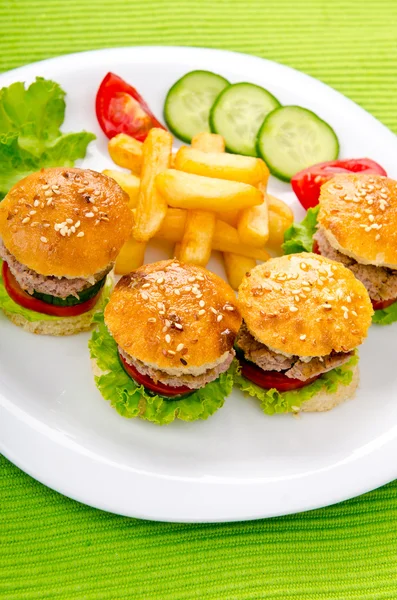 Burgers with french fries in plate — Stock Photo, Image