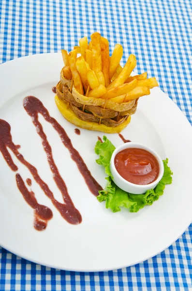 French fries served with ketchup — Stock Photo, Image
