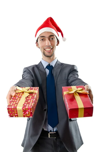 Kantoormedewerker biedt giftbox aan op wit — Stockfoto