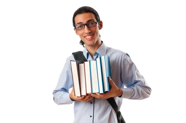 Student met stapel boeken op wit — Stockfoto