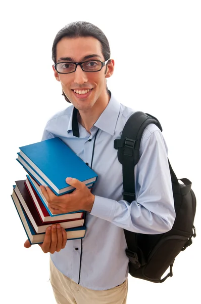 Student med trave böcker på vit — Stockfoto
