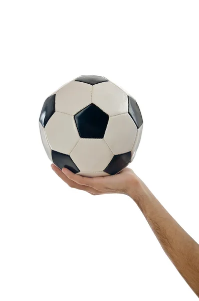 Empresario sosteniendo el fútbol en blanco — Foto de Stock