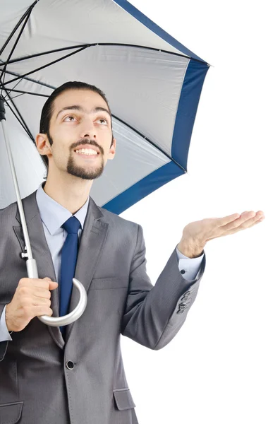 Człowiek z parasolem na biały — Zdjęcie stockowe