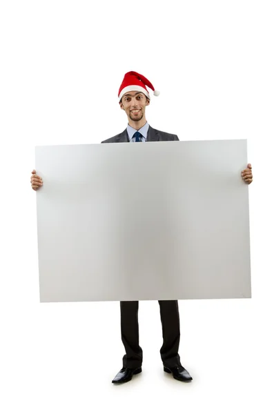 Empresário em santa hat com mensagem em branco — Fotografia de Stock