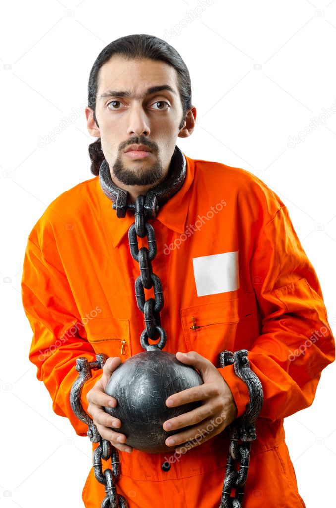 Convict with handcuffs on white