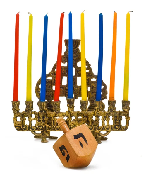 Hanukkal menorah mit dreidel — Stockfoto