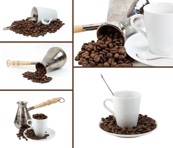 Collage marca de café, granos de café, taza de café en el respaldo blanco — Foto de Stock