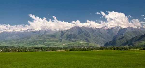 Panoramautsikt över berglandskap med gröna fält i förgrunden — Stockfoto