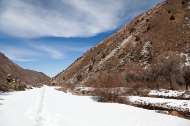 Volumetric landscape of mountains. Snowy trail