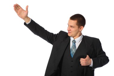 Young businessman with raised hand clipart