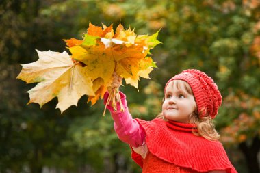 Little girl keeps leafes in hand in park in the autumn clipart