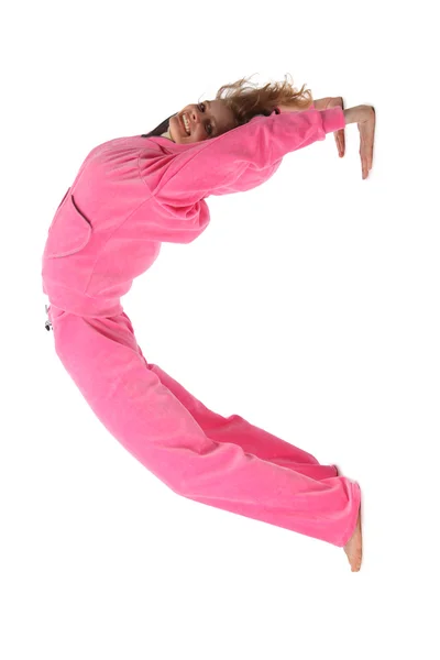 Menina em roupas rosa representa letra c — Fotografia de Stock