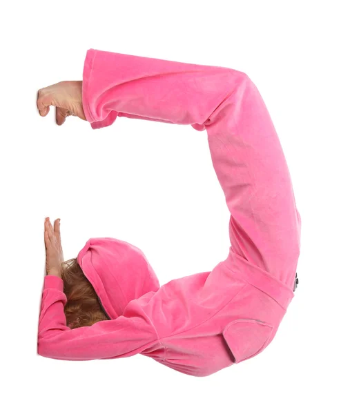 Menina em roupas rosa representa a letra g — Fotografia de Stock