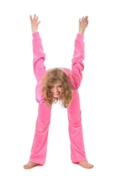 Menina em roupas rosa representa letra h — Fotografia de Stock