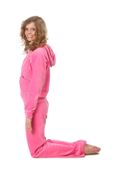 Dziewczyna w różowym ubrania reprezentuje literę l — Zdjęcie stockowe