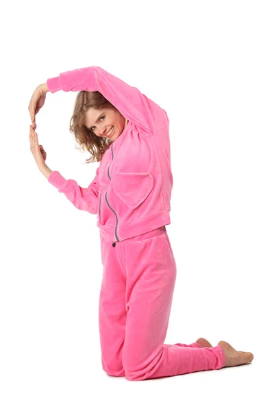 Lány rózsaszín ruhát képvisel q betű — Stock Fotó