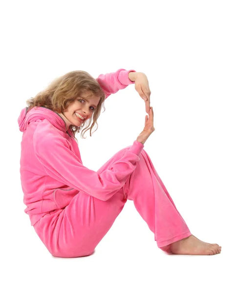 Lány rózsaszín ruhát jelent betű r — Stock Fotó