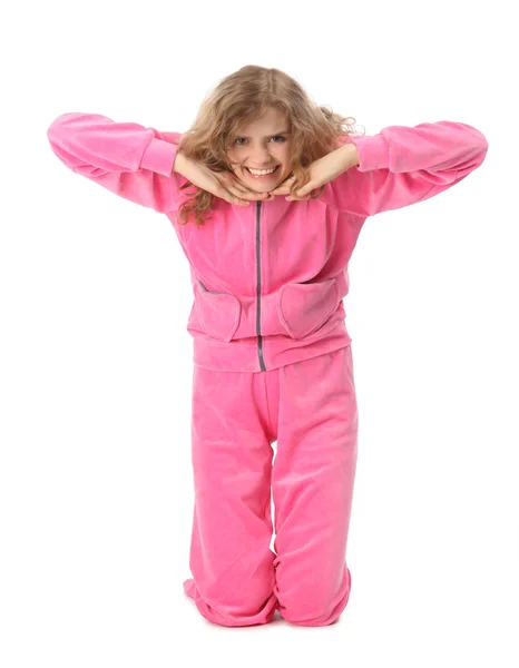 Girl in pink clothes represents letter t — Stock Photo, Image