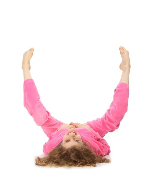 Menina em roupas rosa representa a letra u — Fotografia de Stock