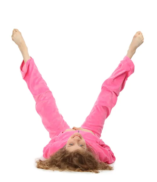 Menina em roupas rosa representa a letra v — Fotografia de Stock