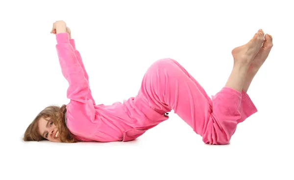 Girl in pink clothes represents letter w — Stock Photo, Image
