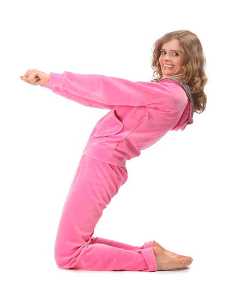 Chica en ropa rosa representa la letra z —  Fotos de Stock