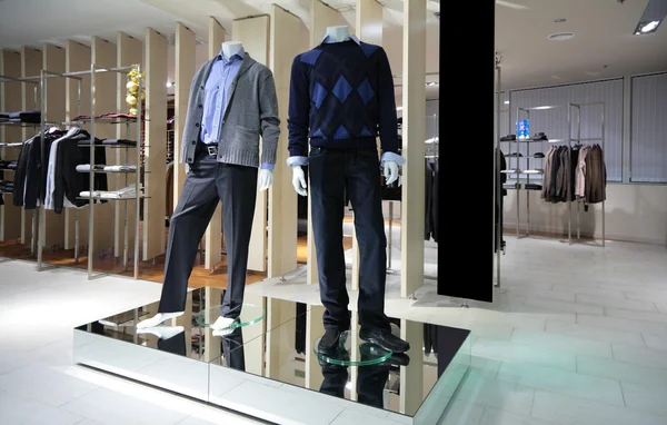 Manneqiuns in section of men clothes in shop — Stock Photo, Image