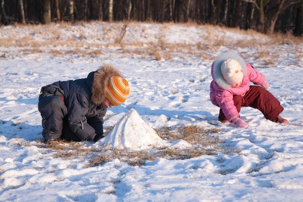 Les enfants jouent dans le bois en hiver — Photo