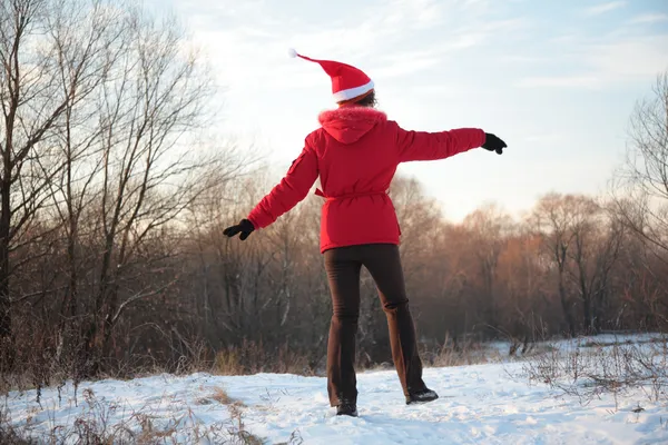 Girl jumps in wood in winter from back — Stock Photo, Image