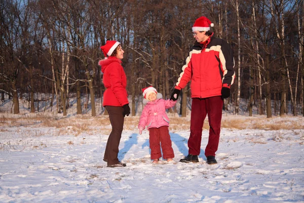 Mamma och pappa med dotter i trä på vintern — Stockfoto