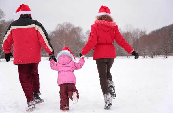 I genitori con bambino corrono in parco in inverno da dietro — Foto Stock