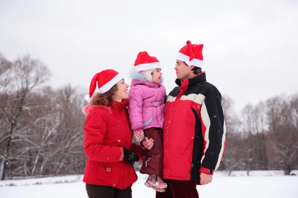 Γονείς με παιδί στα χέρια στο πάρκο το χειμώνα — Φωτογραφία Αρχείου