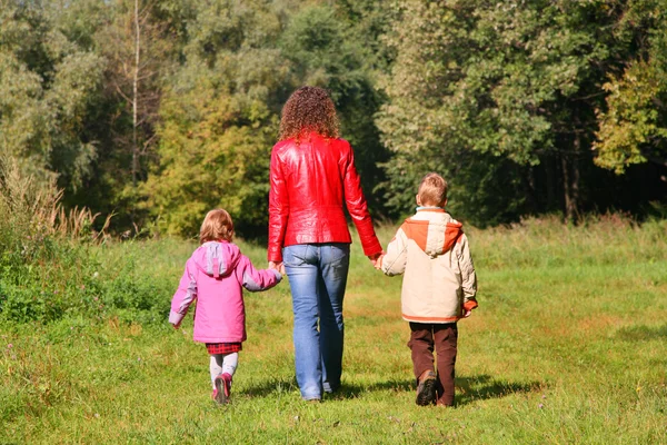 Madre con niños a pie en madera, vista trasera —  Fotos de Stock
