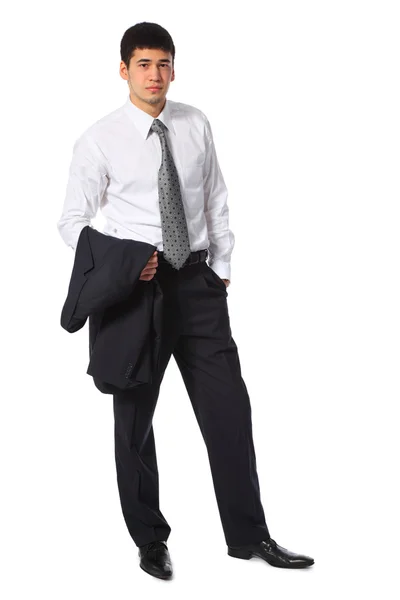 Fiatal ázsiai mosolygó üzletember, kabát a kezében — Stock Fotó
