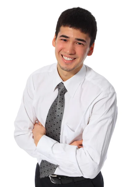 Unga asiatiska leende affärsman i vit skjorta — Stockfoto