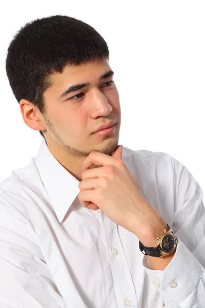 Jovem asiático pensativo homem de negócios em branco camisa — Fotografia de Stock